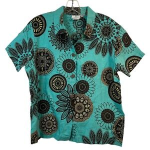 Hot Cotton by Marc Ware Linen Sunflower Mandala Button Up Shirt Turquoise Size M